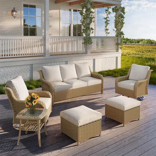 6 Piece Outdoor Patio Rattan Sofa Set Yellow Beige