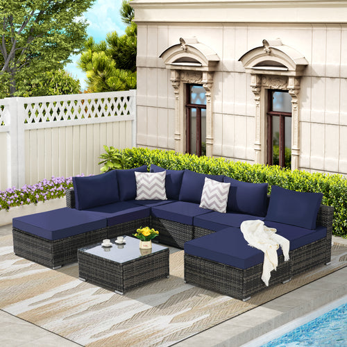 Outdoor Sectional Set PE Rattan Steel Dark Blue 8 Piece Seats 8 380 LB