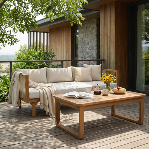 Outdoor Daybed Set Acacia Wood Rope Teak 3 Seater Light Gray Coffee Table