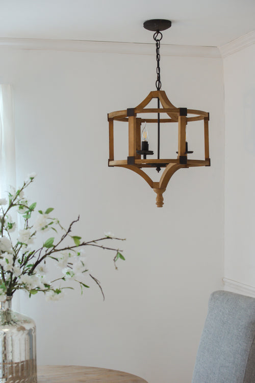3-Light Wood Drum Chandelier Adjustable Chain