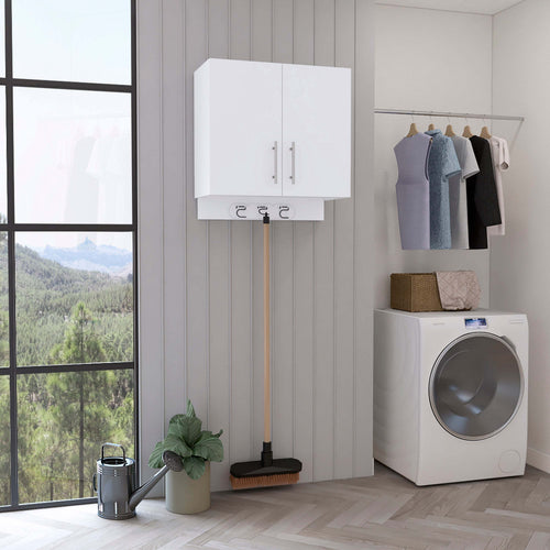 White Wall Storage Cabinet 2 Door Broom Hangers