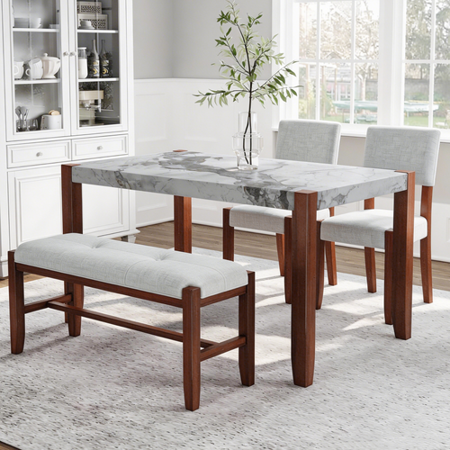 4-Piece Dining Set, 1 Marble-Look Table with 2 Upholstered Chairs and 1 Bench