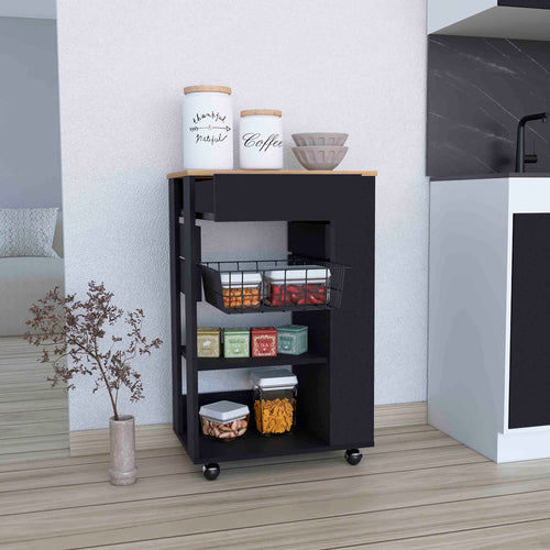 Kitchen Cart with Drawer and Open Shelves, Black/Light Oak