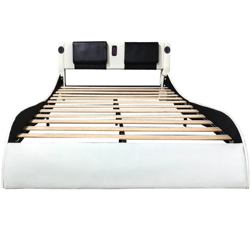 King Size White Faux Leather Platform Bed Frame LED Massage