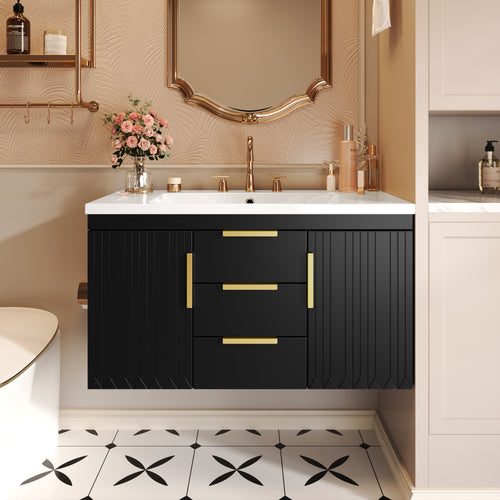 36'' Wall Mounted Bathroom Vanity with Resin Sink and 2 Drawers