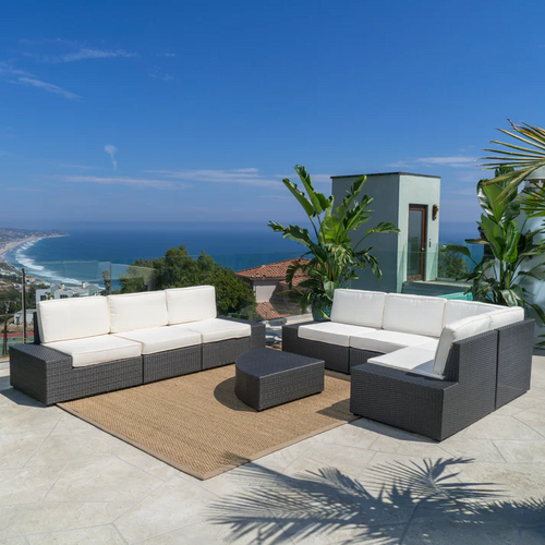 Outdoor Sectional Set PE Rattan Iron Dark Brown 8 Piece
