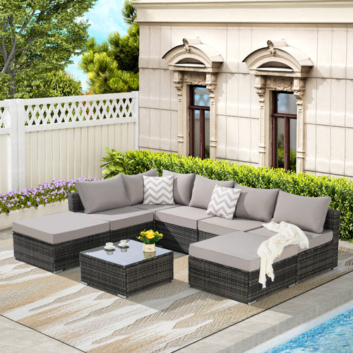 Outdoor Sectional Set PE Rattan 8 Piece Light Gray