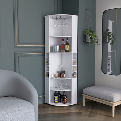 Oban Corner Bar Cabinet Five Shelves Eight Bottle Cubbies White