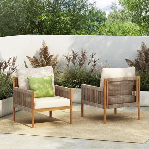 Outdoor Lounge Chair Solid Wood Teak Woven Polyester Cushion Set of 2