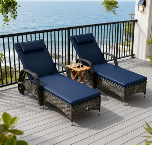 Chaise Lounge PE Rattan Dark Blue 5-Position Wheels Set of 2 76in