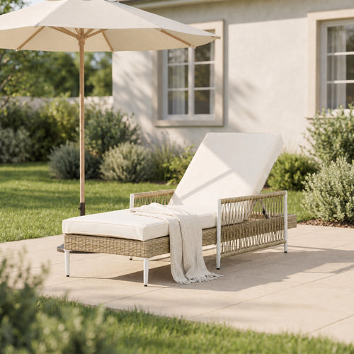 PE Rattan Chaise Lounge Chair 6 Gear Adjustable Beige Cushion