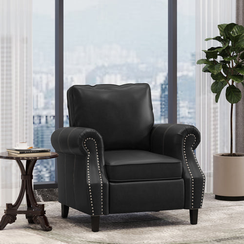 Club Chair Contemporary PU Leather Black Rolled Arms Nailhead Trim 37 In