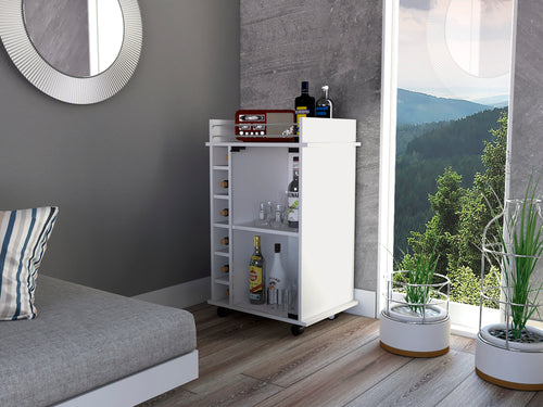 White Bar Cart with Wine Rack and Casters