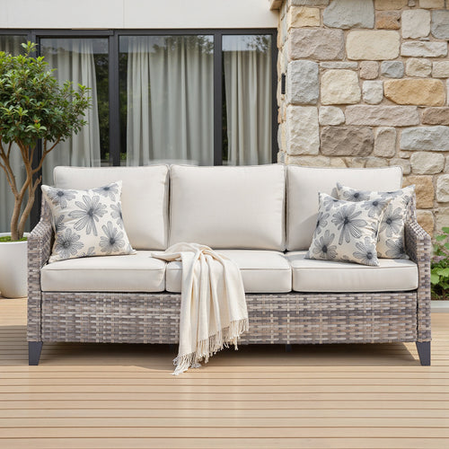 Outdoor PE Rattan Sofa Set 3 Seat Gray Beige Cushions