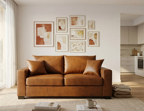 Light Brown Foil Fabric Two-Seater Sofa with Throw Pillows, Wood and Fabric Construction, 69-Inch Compact Design