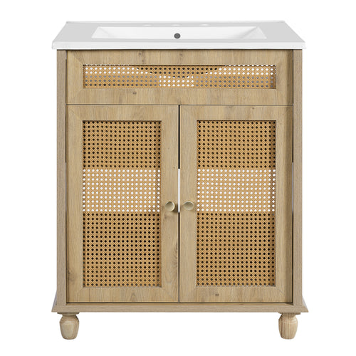 30-Inch Bathroom Vanity Rattan Doors Wood Legs Resin Basin