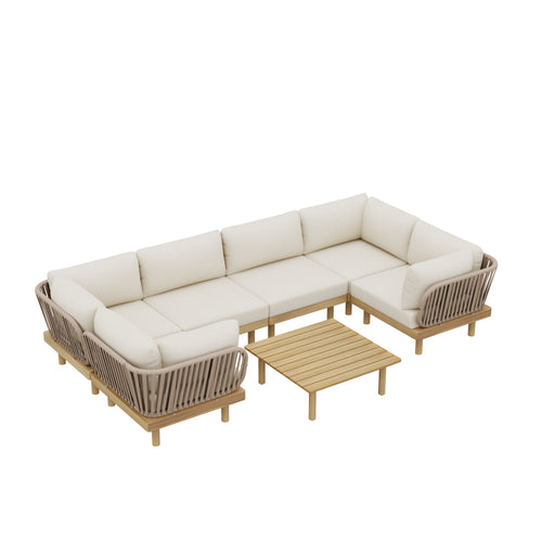 Outdoor Sectional Set Acacia Wood Rope Cream Beige Cushion 7 Piece Seats 6