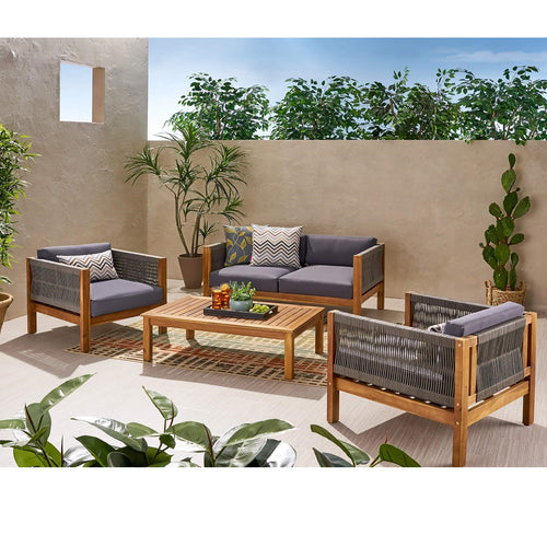 Outdoor Patio Set Acacia Wood Rope Teak Cushions 4 Seater