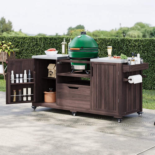 Outdoor Kitchen Island Grill Cart Fir Wood Stainless Steel 66.5