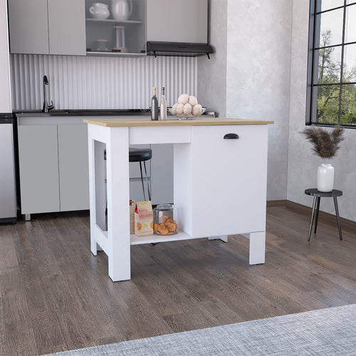 Atenea White Macadamia Kitchen Island Single Door Cabinet Shelf