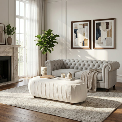 Upholstered Oval Ottoman White Boucle Fabric Rubberwood Legs
