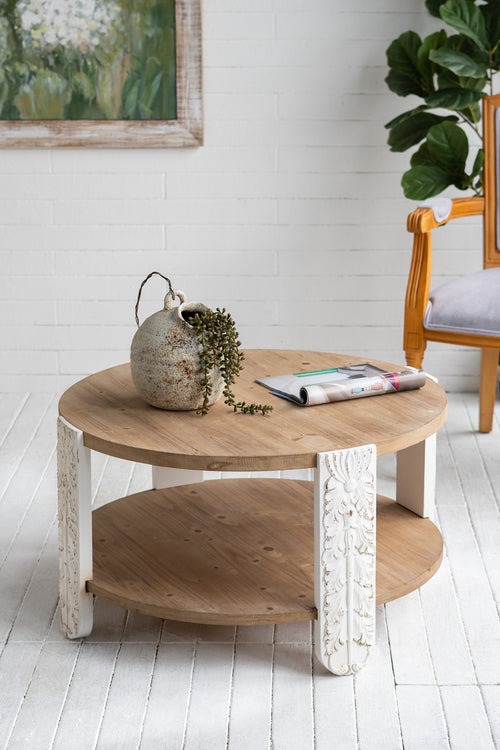 Round Solid Wood Coffee Table with Storage Brown/White