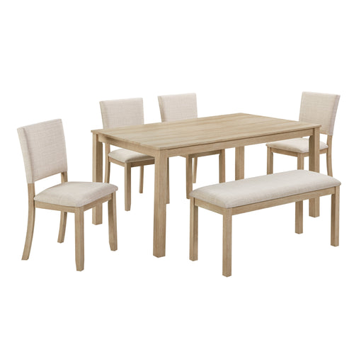 6 Piece Dining Table Set with Bench Light Oak Beige