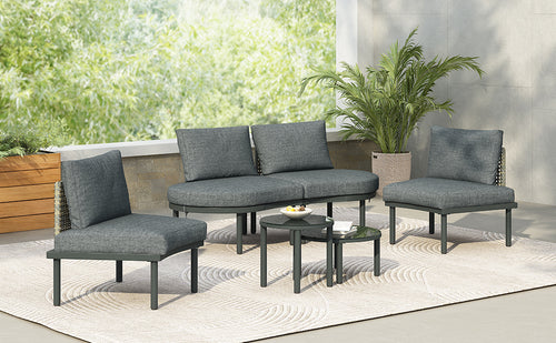 Outdoor Sectional Set PE Wicker Aluminum Gray Half Moon 6 Piece 300 LB