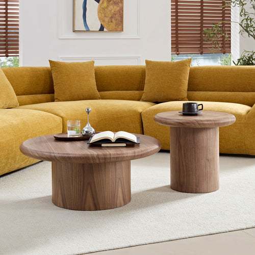 2-Piece Modern Round Coffee Table Set Walnut End Side Tables