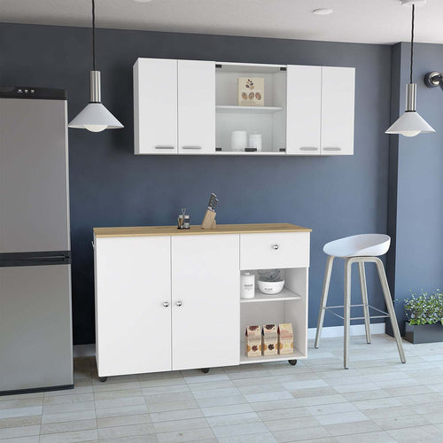 2 Piece Kitchen Island Cart + Wall Cabinet Set White Light Oak