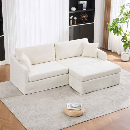 86.6" Chenille Double-Seater Sofa with Ottoman and Pillows