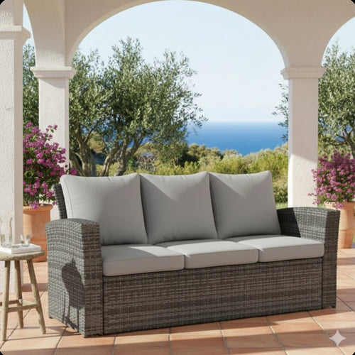 Outdoor Sofa PE Rattan 3 Seat Gray Cushions Black Iron Frame 68in
