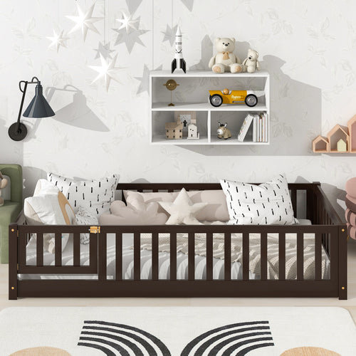 Twin Size Floor Bed with Safety Guardrails and Door, Espresso