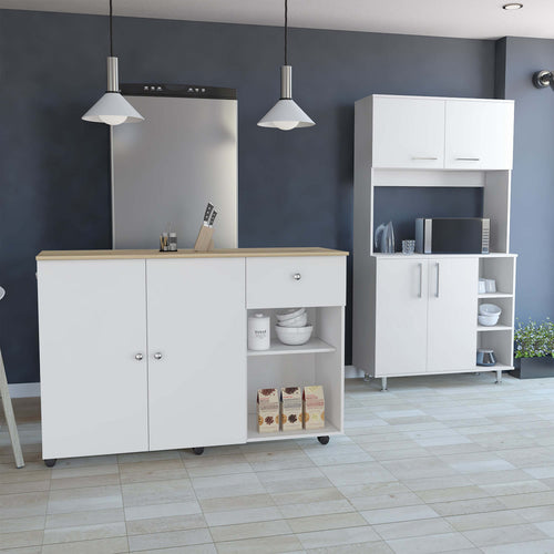 2 Piece White Light Oak Kitchen Island Cart Pantry Cabinet Set