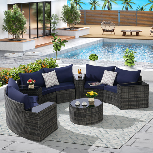 Outdoor Sectional Set PE Rattan Dark Blue Half Moon 11 Piece