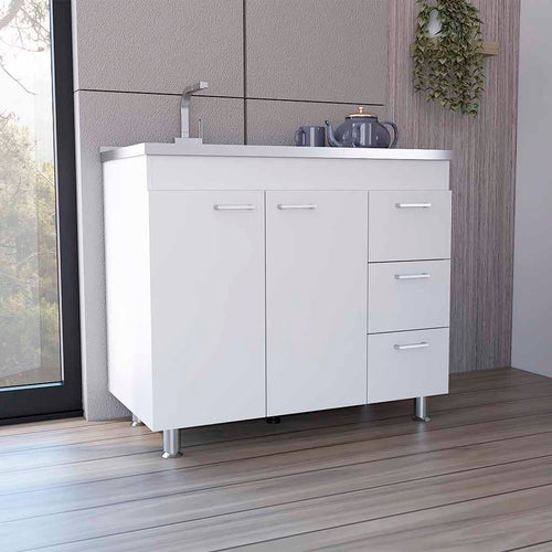 Ferretti White Base Cabinet Three Drawers Double Door Four Legs
