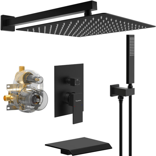 Matte Black 12-Inch Rain Shower Head Waterfall Bathtub Faucet Set