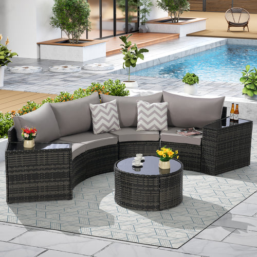 Outdoor Sectional Set PE Rattan Steel Light Gray Half Moon 7 Piece 380 LB