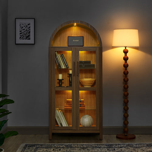 Modern Retro Wooden Storage Cabinet with Glass Partitions - Brown