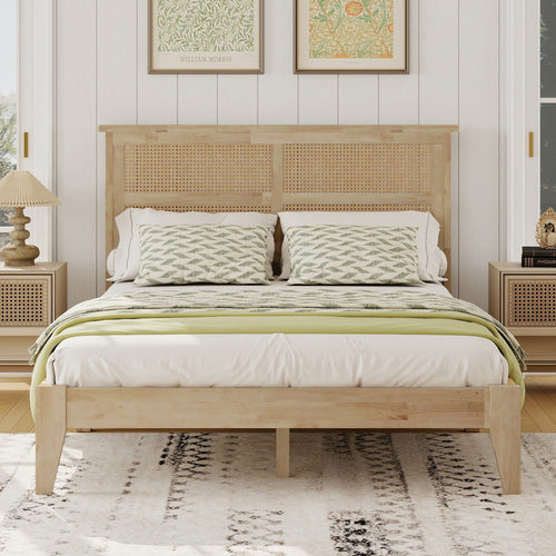 Full Size Solid Wood Bed with Rattan Headboard