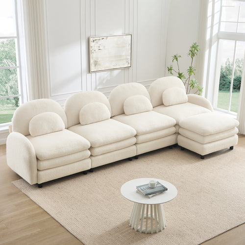 Sectional Sofa Modular Cloud Teddy Beige White 4 Seat Ottoman