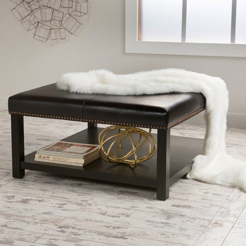 Large Square Ottoman Bench Faux Leather Coffee Table with Rack and Wood Legs