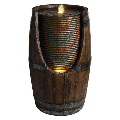 Rustic Barrel Outdoor Floor Fountain 24.8in LED Lights