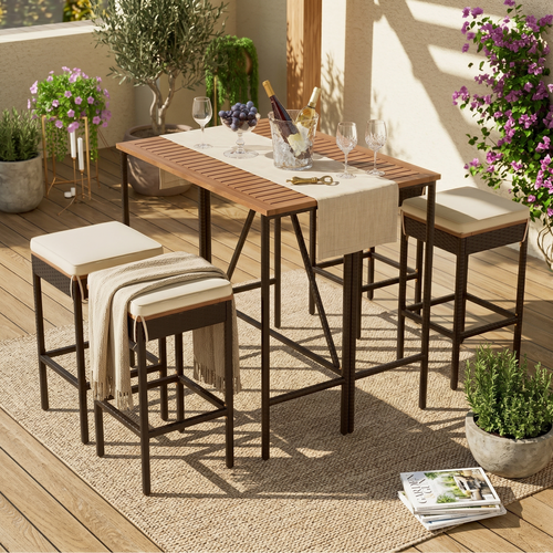 5-Piece Acacia Wood Bar Height Patio Dining Set with Cushions