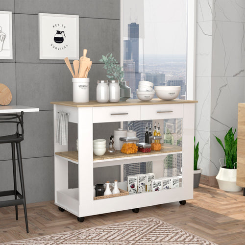 Kitchen Island 46" White Light Oak Two Drawers Casters