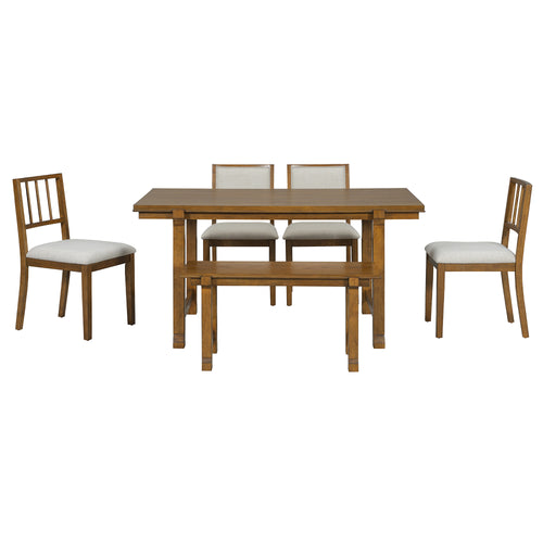 Farmhouse Dining Set for 6 with Wood Legs and Bench