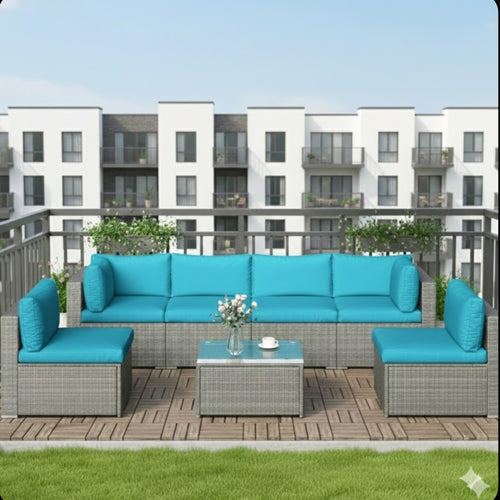 7 Piece Outdoor Sectional Set PE Rattan Gray Blue