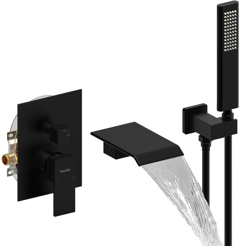 Matte Black Waterfall Wall Mount Tub Shower Faucet Set