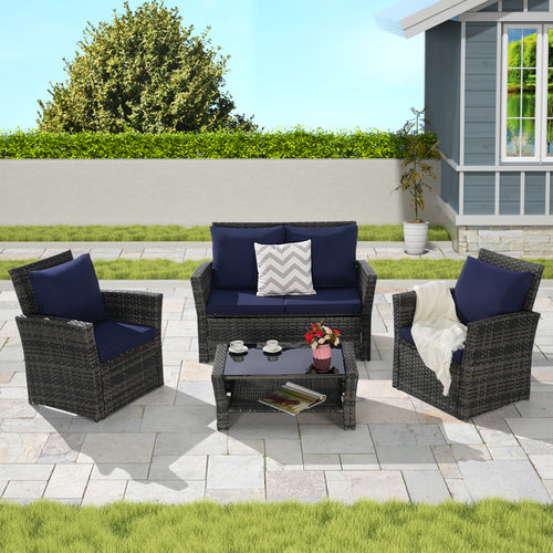 Outdoor Patio Set PE Rattan Steel Dark Blue 4 Piece Glass Seats 4