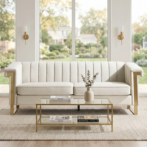 FX-P81-CW2 Modern Cream Velvet 3-Seat Sofa Gold Accents